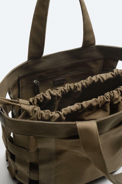 ZARA ПЛЕТЕНАЯ ХОЛЩОВАЯ СУМКА-ШОПЕР, ЗЕЛЕНЫЙ ХАКИ