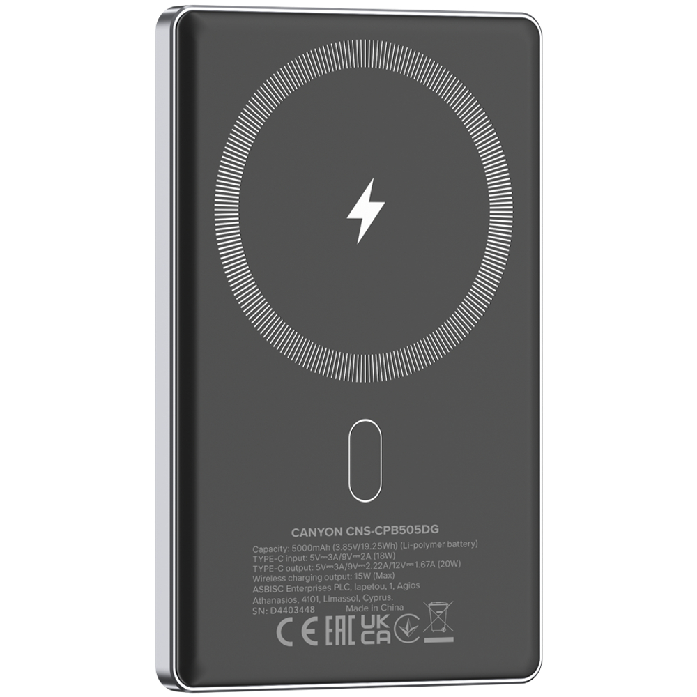 CANYON power bank OnPower 505 slim Magnetic 5000 mAh PD20W Dark Grey