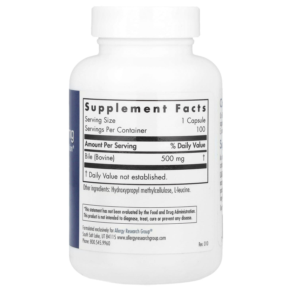 Allergy Research Group, Бычья желчь, 500 мг, 100 растительных капсул
