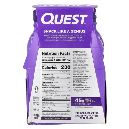 Quest Nutrition, Протеиновый молочный коктейль, шоколад, 4 флакона по 414 мл (14 жидк. Унций)