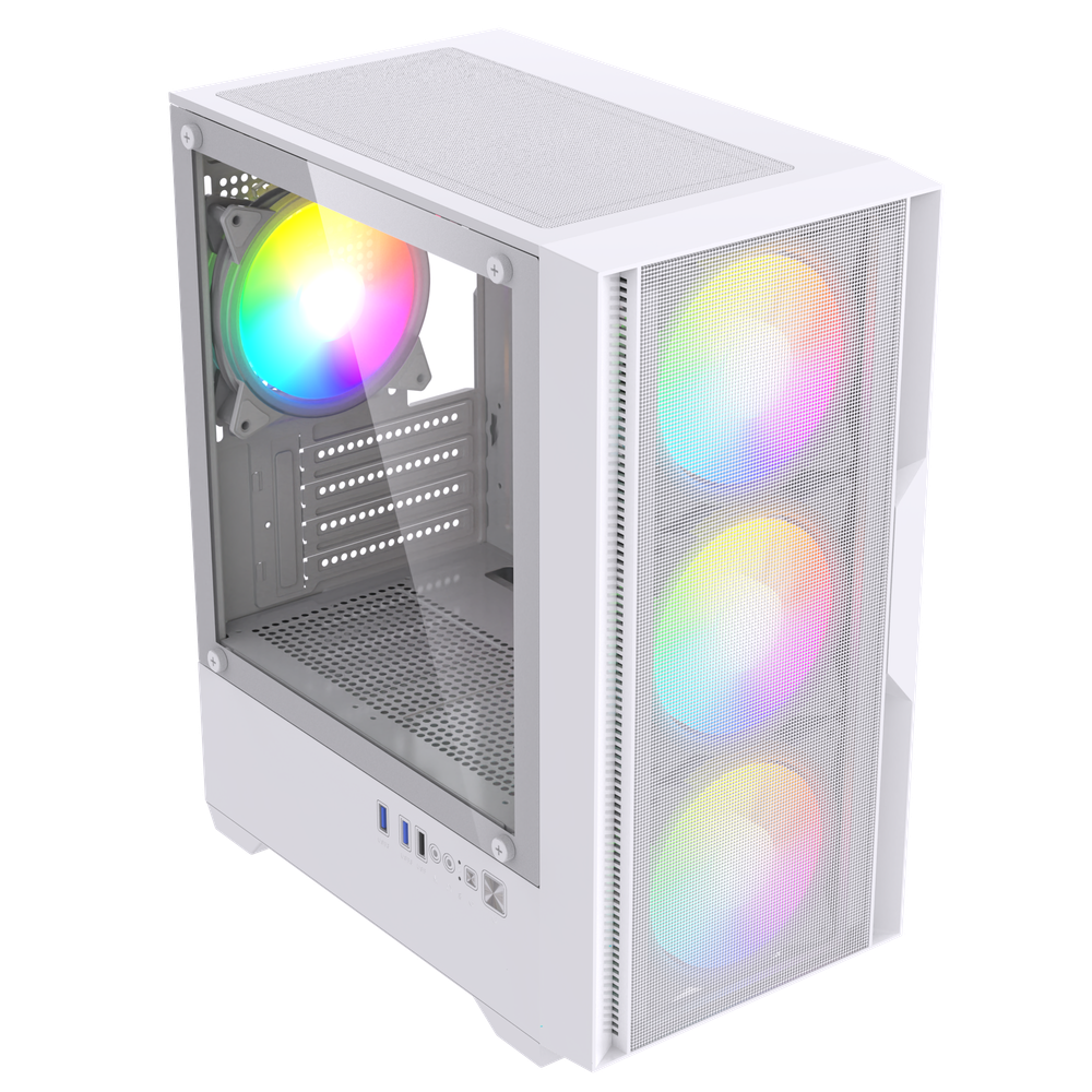 Корпус BaseTech eXtreme GFX-06, Без БП, mATX, белый, 4xFRGB FAN, 2xUSB2, 1xUSB3, бок: закалённое стекло (BT-GFX-06W-MESH-4F-RGB)