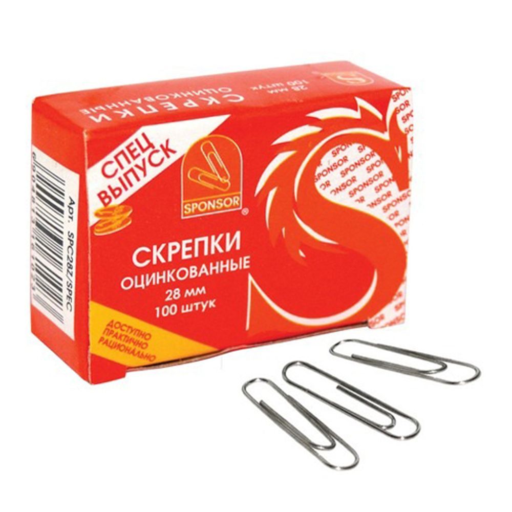 Скрепки канцелярские Sponsor, 28 мм, оцинкованные, 100 шт
