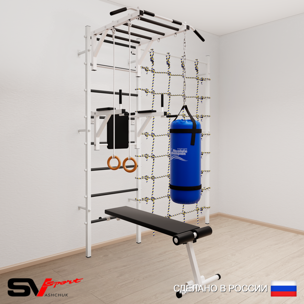 Шведская стенка Sv Sport 55110 (Турник рукоход/Брусья/Скамья/Кольца/Цепь/Мешок 15кг/Канатный лаз)