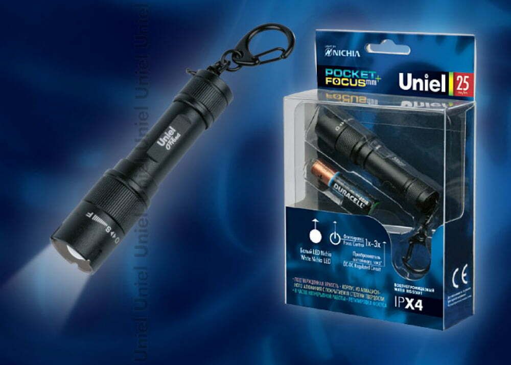 P-KL024-P Black Фонарь Uniel-offroad (Premium) «Mini focus pocket +», алюминиевый корпус, 1 Nichia 0,5mm LED, упаковка — цветной короб, 1хААА в/к, цве