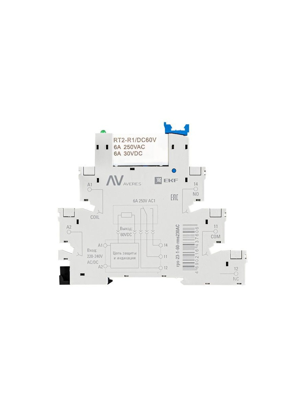 Реле промежуточное РП slim 23/1 6А 230В AC с розеткой в сборе EKF rps-23-1-60-rms230AC