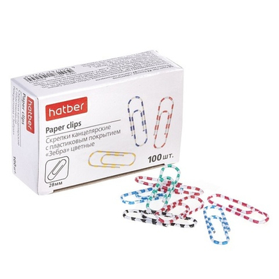 Скрепки круглые Hatber Зебра, 28 мм, ассорти, пластиковое покрыт., 100 шт