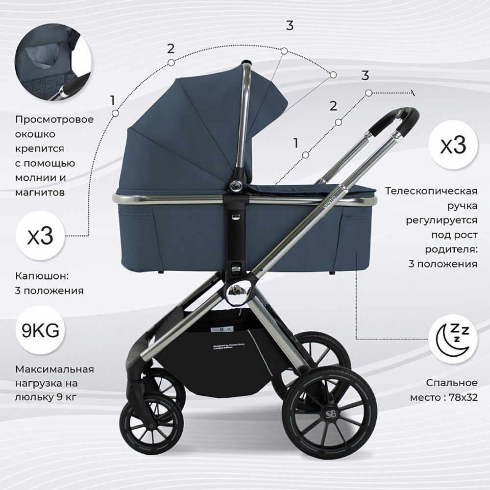 Детская коляска Sweet Baby Vento Silver 3 в 1 Silver Blue