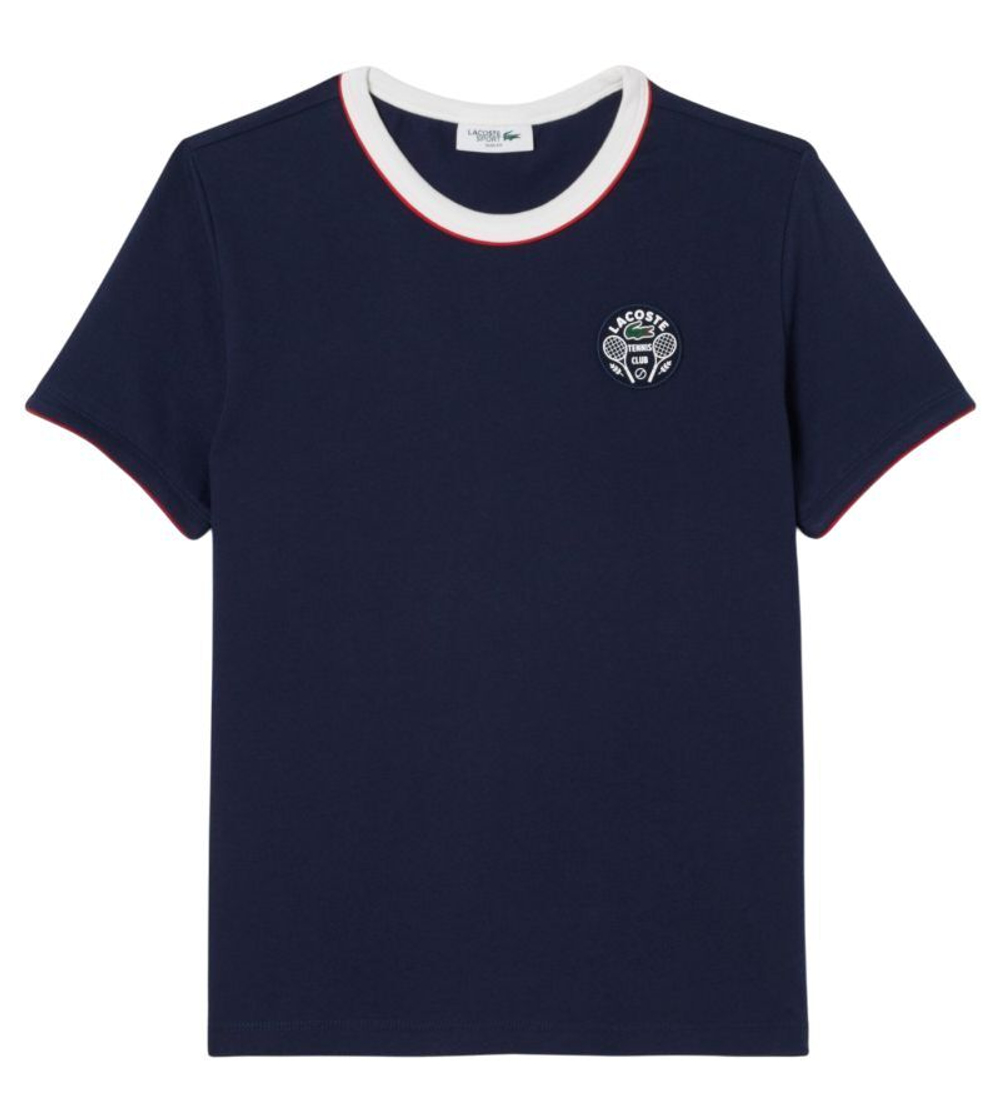 Женская теннисная футболка Lacoste Ultra Dry Tennis Heritage Badge - navy blue/white