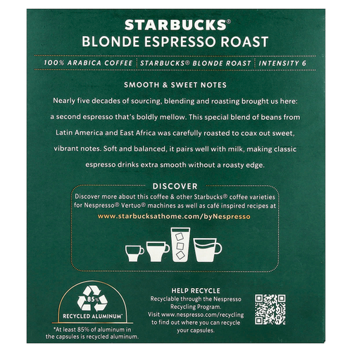 Starbucks, Nespresso®, светлый эспрессо, обжаренный, молотый, 10 алюминиевых капсул, 68 г (2,39 унции)