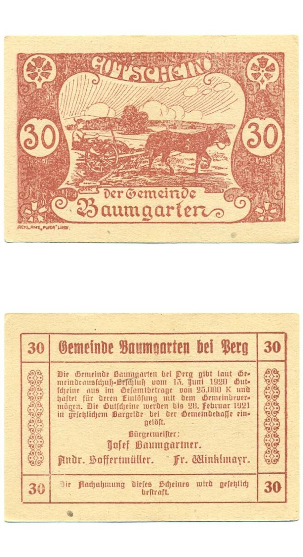 Австрия 30 геллеров 1920 Баумгартен aUNC