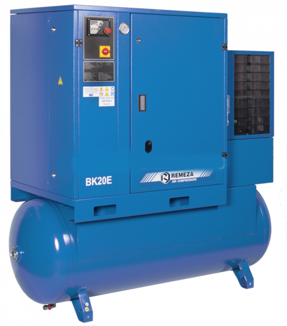 Винтовой компрессор ВК20Е-10-500Д, ресивер 500 литров , производительность 2100л/мин,  рабочее давление 10 бар, мощность двигателя 15кВт, вес 570 кг, габариты 1930x810x1780мм. REMEZA, Республика Беларусь