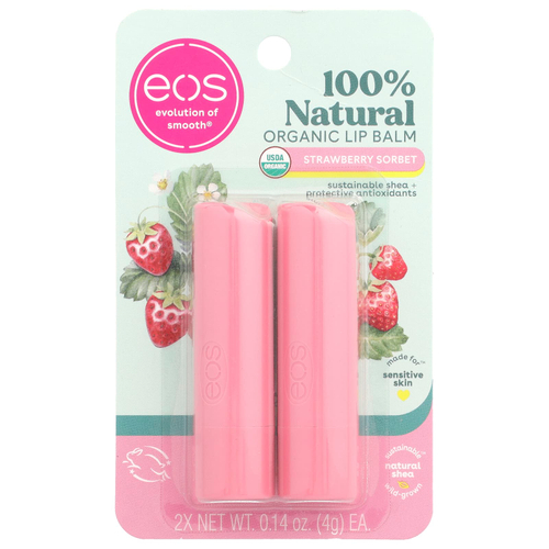 EOS, 100% органический натуральный бальзам для губ с маслом ши, клубничный сорбет, 2 шт. в упаковке, 4 г (0,14 унции)