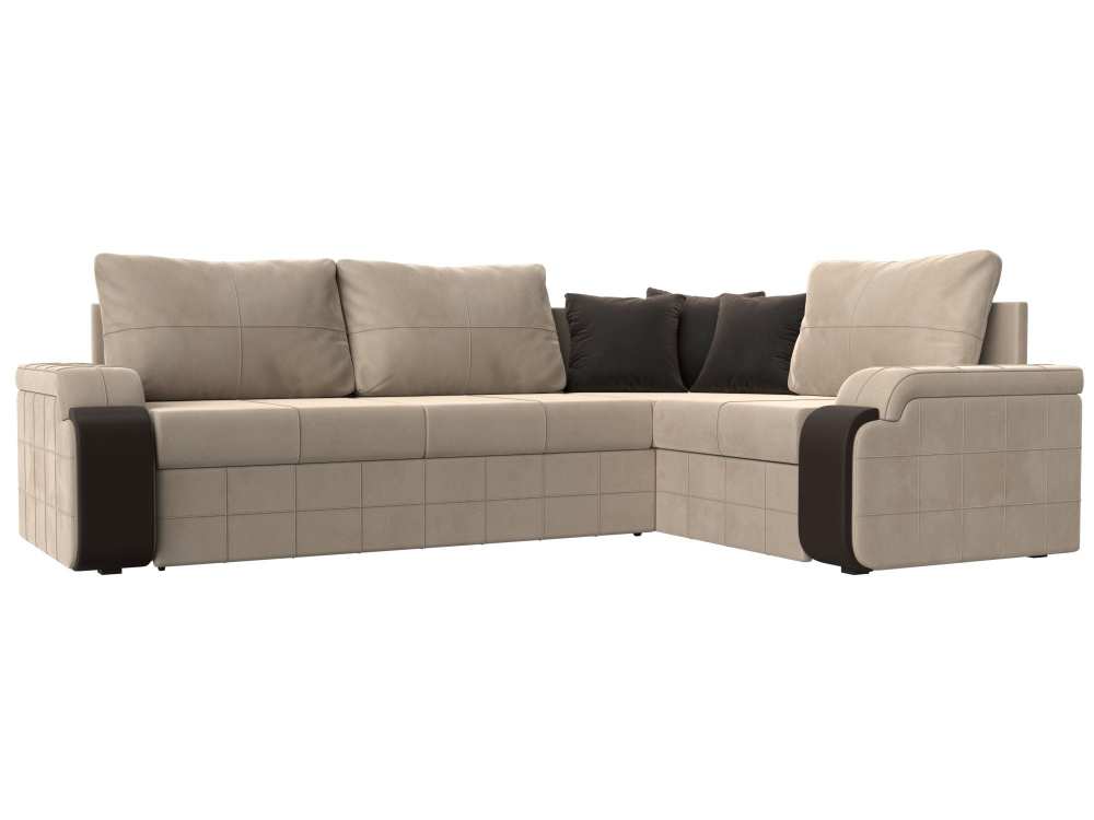 Диван угловой Николь правый угол, Бежевый\Коричневый\Коричневый, Велюр\Экокожа, 102970
