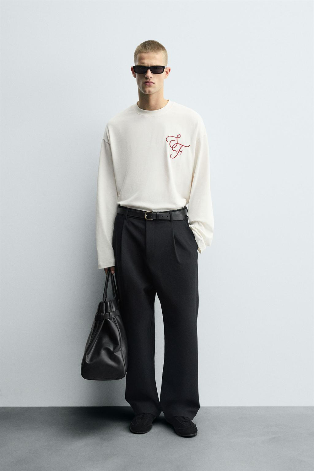 ZARA ФУТБОЛКА С ВЫШИВКОЙ BOXY FIT, БЕЛЫЙ