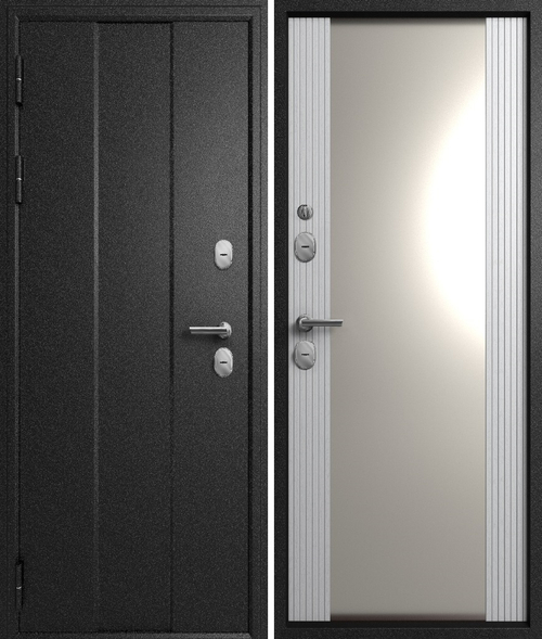 Входная дверь Мегатрон TERMO-6 ЗЕРКАЛО Чёрный букле - Белый снег