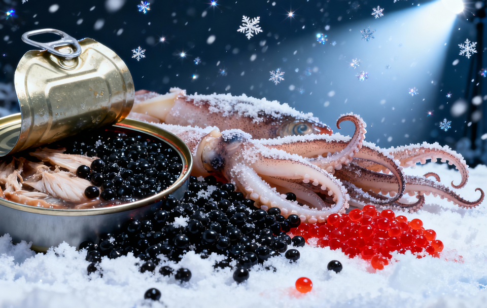 Икра, щупальца кальмара, рыбные консервы