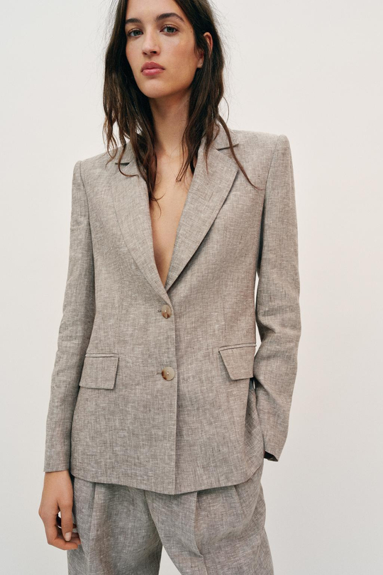 ZARA БЛЕЙЗЕР ИЗ 100% ЛЬНА С ПОДПЛЕЧНИКАМИ, ПЕСОЧНЫЙ МЕЛАНЖ