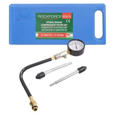 Индикатор компрессии бензинового двигателя Profi (0-21Bar, М14, М18 + жесткий прижимной адаптер-переходник-2шт) 4пр., в кейсе RockForce##Rock FORCE RF-903G7A