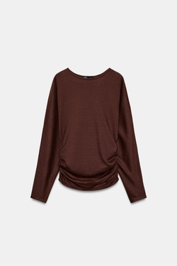 ZARA ФУТБОЛКА С ДРАПИРОВКОЙ, ШОКОЛАДНЫЙ