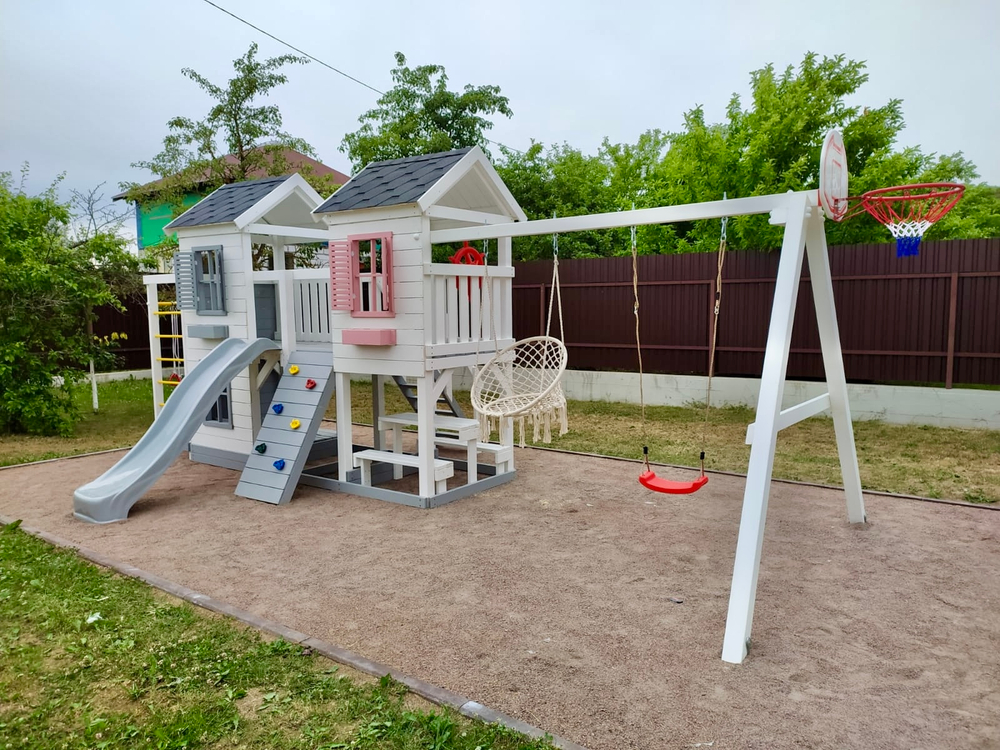 Детский деревянный домик с качелями Флоренция + спортивная секция