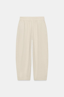 ZARA БРЮКИ BARREL ИЗ ЛЬНА, СВЕТЛО-БЕЖЕВЫЙ