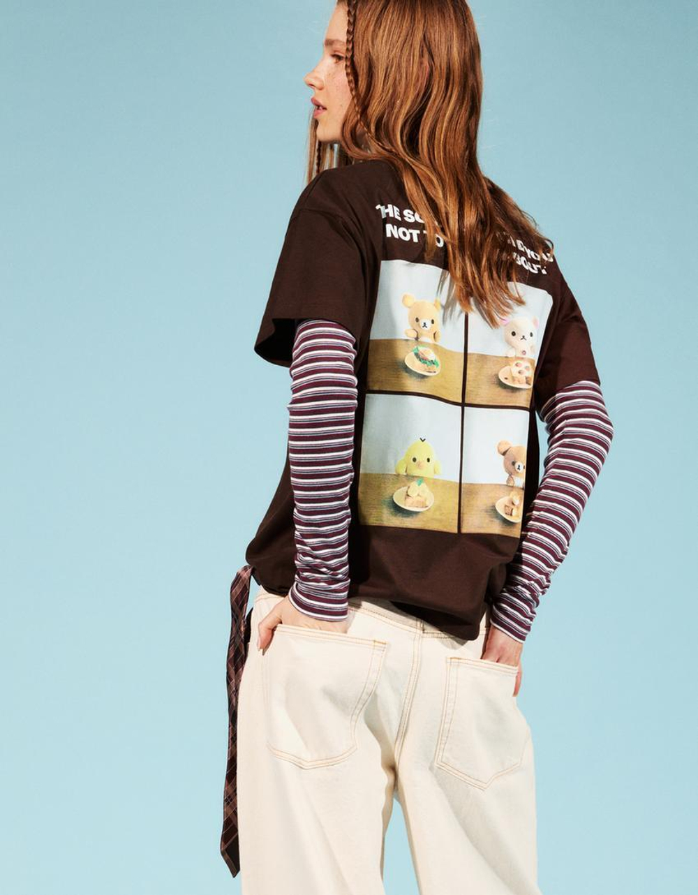 BERSHKA Футболка с короткими рукавами и принтом Rilakkuma, коричневый