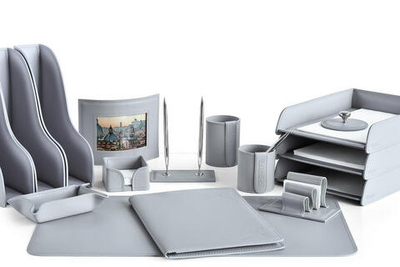 Настольный набор руководителя 16 предметов серый кожаный