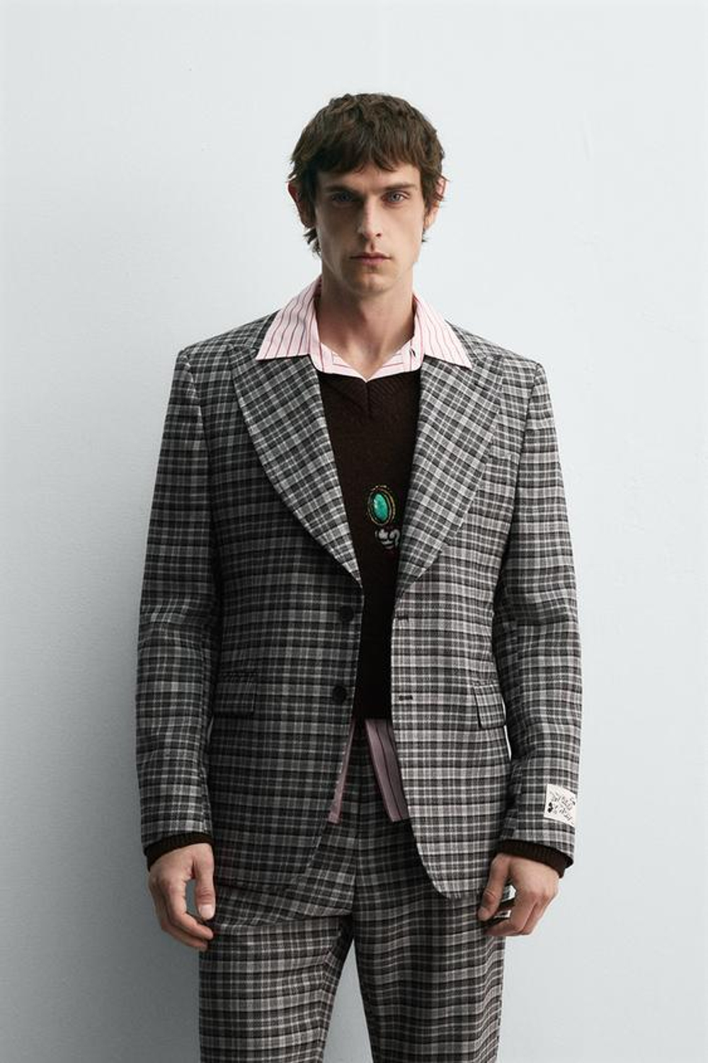 ZARA HARRY LAMBERT X DISNEY КЛЕТЧАТЫЙ КОСТЮМНЫЙ БЛЕЙЗЕР, СЕРЫЙ