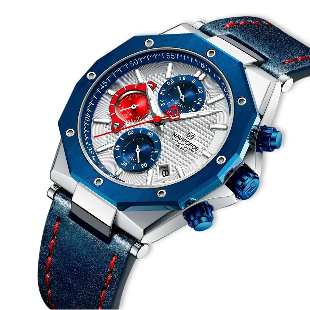 Часы наручные кварцевые NAVIFORCE на кожаном ремешке, серебристый/синий W8750-01