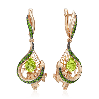 Серьги «Зелёные ящерицы» с английским замком из красного золота с хризолитом и хромдиопсидами