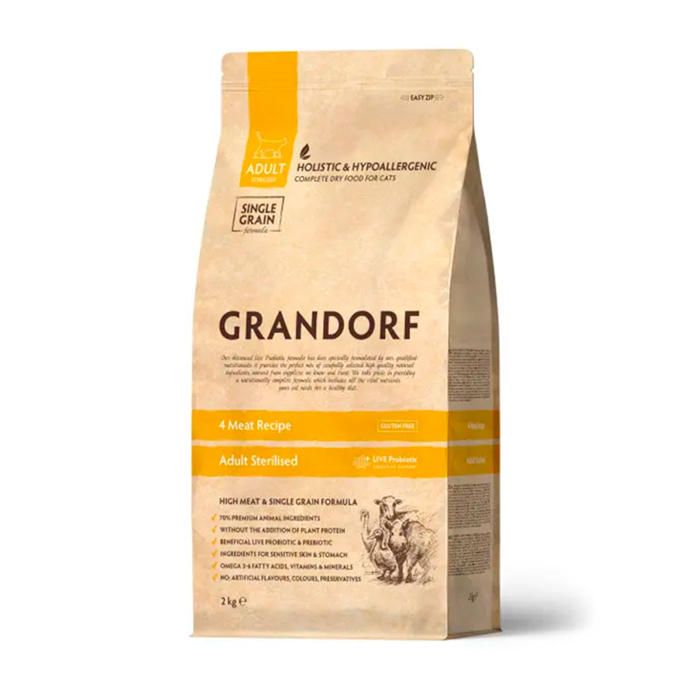 Сухой корм Grandorf Сat 4 Meat PROBIOTIC STERILISED, для стерилизованных кошек, с пробиотиком, 2 кг