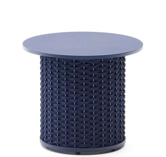 Уличный приставной столик Sedalis из алюминия и веревочного шнура синего цвета Ø50 см