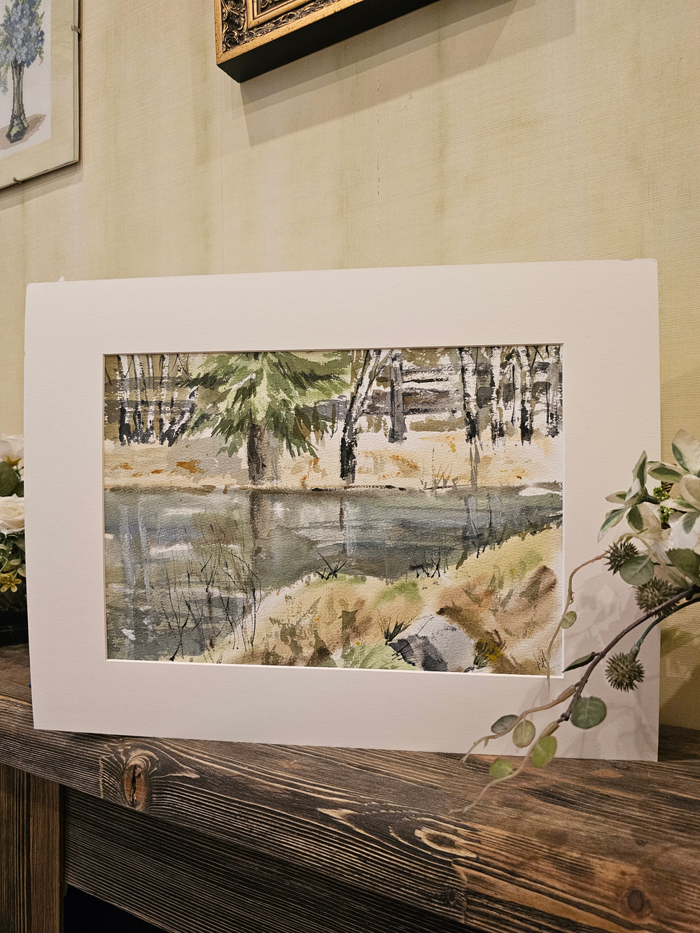 Картина авторская акварельная в паспарту 30х40 см на стену для интерьера "На берегу пруда в Тованово"