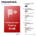 Табличка Пожарный кран, на дверь и стену, информационная и мультиязычная (русский, английский, китайский), серия GLOBAL, 25х15 см, Айдентика Технолоджи
