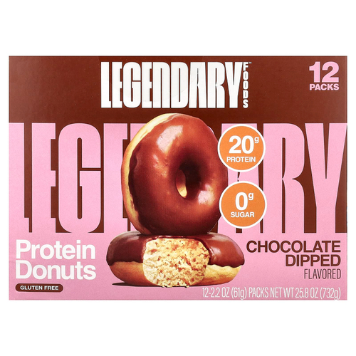 Legendary Foods, протеиновые пончики, в шоколаде, 12 упаковок по 61 г (2,2 унции)
