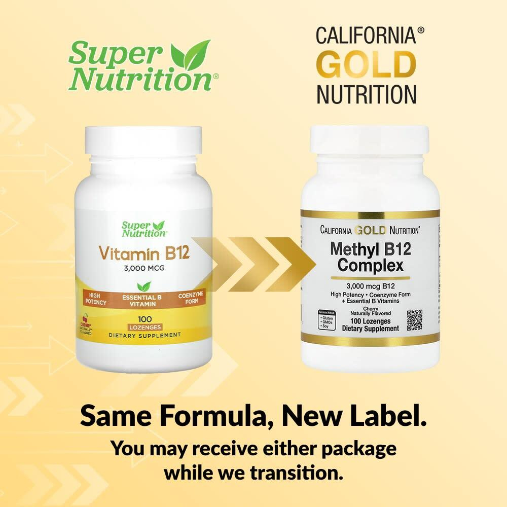 California Gold Nutrition, витамин B12 в виде метилкобаламина с фолатом, биотином и витамином B6, вишня, 100 пастилок