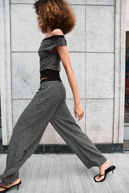 ZARA БРЮКИ ИЗ БУКЛЕ В ПОЛОСКУ, ЧЕРНЫЙ/ЭКРЮ