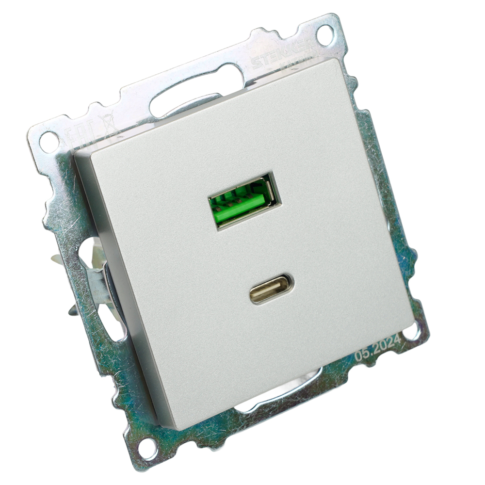 Розетка 2-местная USB + type C (механизм)), STEKKER GLS10-7116-03 , 250B, 3А, max 20W, серия Катрин, серебро 50054