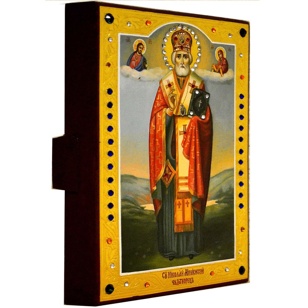 Николай Чудотворец в полный рост с предстоящими. Рукописная икона.