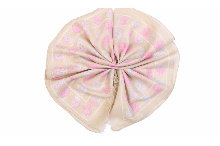 Кашне материал Хлопок 100% "Черепа" цвет розовый белый на бежевом фоне 170x50см