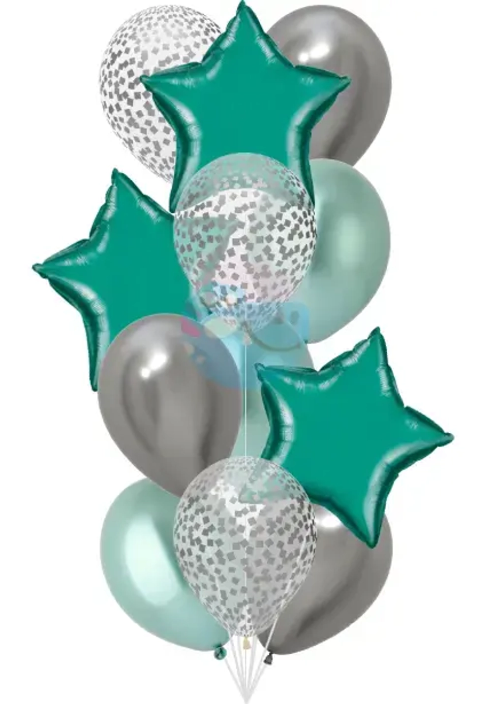 Фонтан «Монополия» из 12 воздушных шаров с гелием (зеленый, серебро)