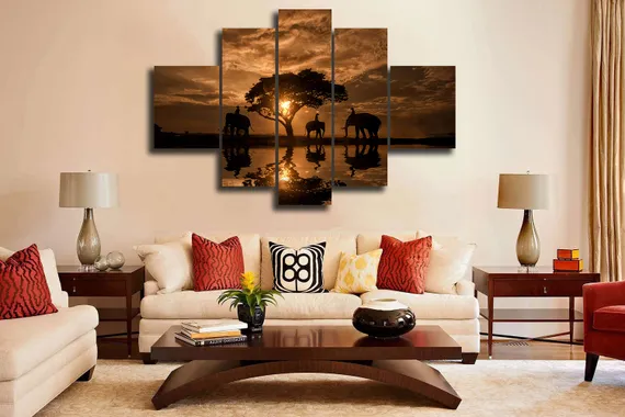 Модульная картина "Слоны на закате"