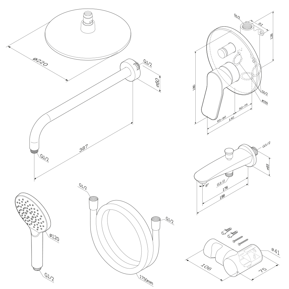 Набор: смеситель для ванны и душа, верхний душ с держателем, душевой набор и излив на ванну AM.PM X-Joy FB85A10020