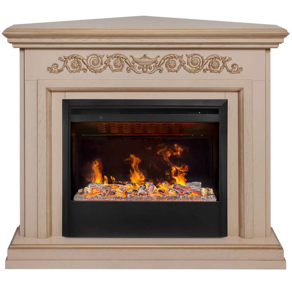 Электрокамин RealFlame Leticia Corner 26 WT белый дуб с золотой патиной с очагом 3D Helios 26 SBG