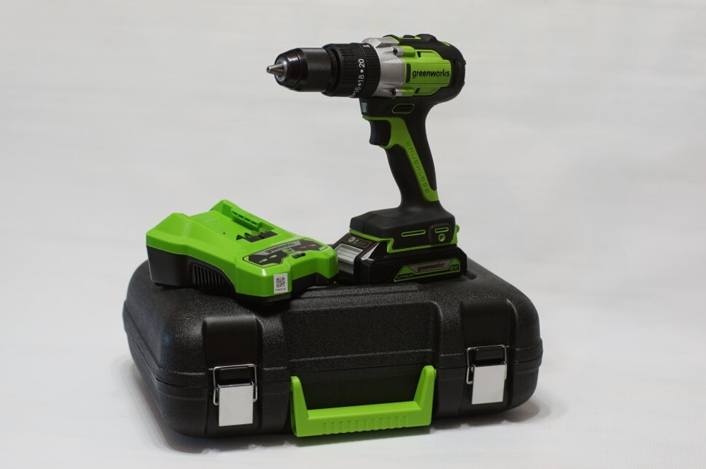 Дрель-шуруповерт 24V Greenworks GD24DD60K2 ударная б/щ 60Нм АКБ 2Ач и ЗУ кейс