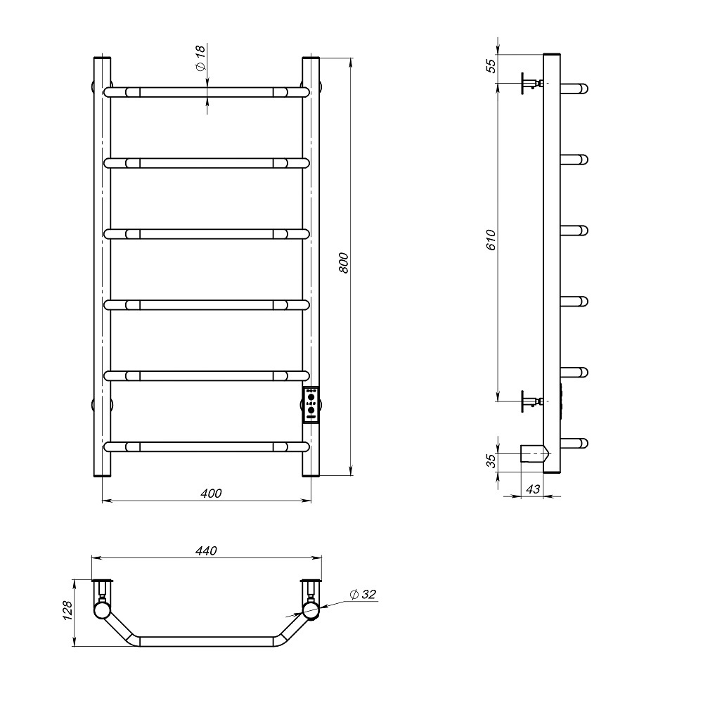 Полотенцесушитель электрический ЛЦ 80х40 6 пер ТРАПЕЦИЯ унив (скрыт подкл, таймер,263 Вт) ТРУГОР