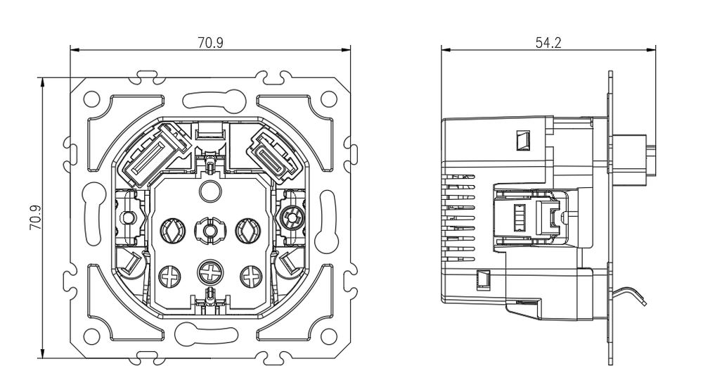 Механизм розетки Schuko 16А 250 В~ с зарядным устройством USB A+C, 5V/3A, мощность 20W, на винтах