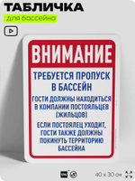 Табличка для бассейна "Для посещения бассейна нужен документ", на пляж, для общественной и частной зоны отдыха, информационная, 40х30 см, Silver Plane x Айдентика Технолоджи