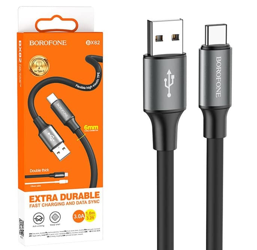 Кабель USB - TypeC BOROFONE BX82 6mm (черный) 1м
