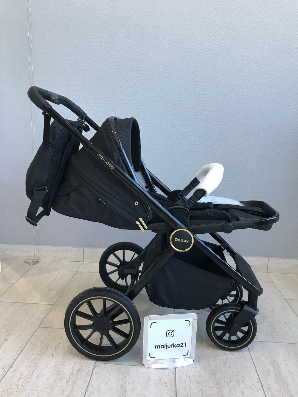 Коляска детская Peppy Monaco 2 в 1 Royal black (черный), рама черный глянец